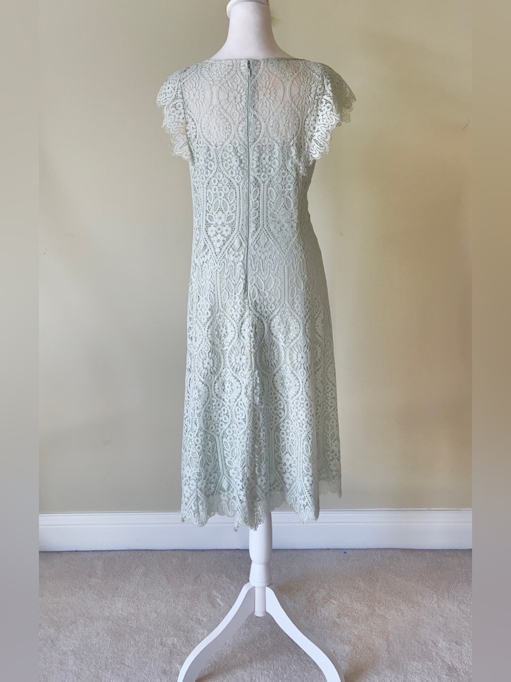 TAHARI Arthur S. Levine Soft Mint Green Scalloped Lace Illusion Yoke Dress 12P - Picture 3 of 6